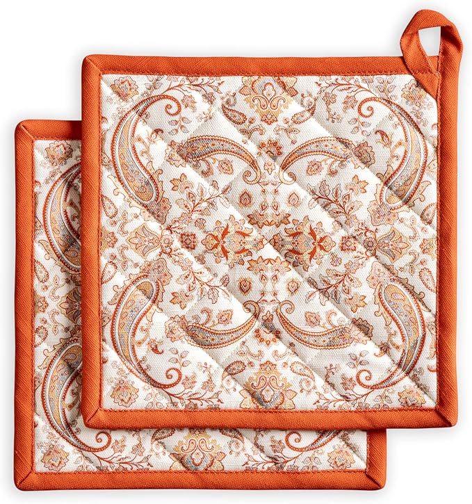 Maison d' Hermine Pot Holders 100% Cotton Potholders (8" x 8", Pack of 2) | Heat Resistant Hot Pads with Loop BBQ Cooking Baking Hotel Kitchen Handling Hot Pans Thanksgiving Christmas - Cachemire