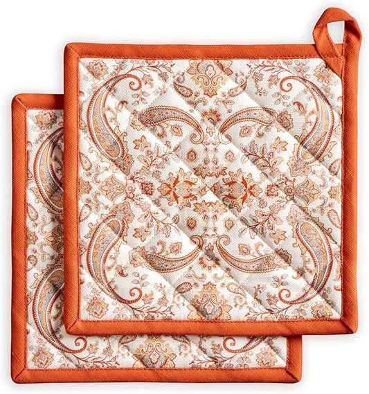 Maison d' Hermine Pot Holders 100% Cotton Potholders (8" x 8", Pack of 2) | Heat Resistant Hot Pads with Loop BBQ Cooking Baking Hotel Kitchen Handling Hot Pans Thanksgiving Christmas - Cachemire