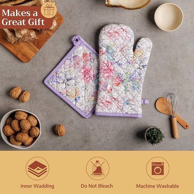 Maison d' Hermine 100% Cotton Oven Mitt & Pot Holder Set (7.5"x13" & 8"x8") | Heat Resistant BBQ Cooking Gloves with Loop Baking Grilling Kitchen Hotel Home Farmhouse Spring Summer - Floral Love