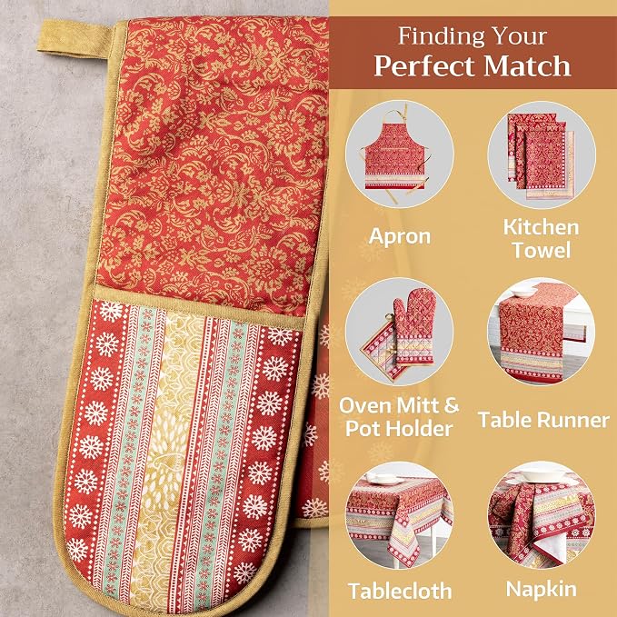 Maison d' Hermine Double Oven Mitts 100% Cotton Double Oven Glove (7"x35") | Heat Resistant BBQ Cooking Gloves with Loop Baking Kitchen Home Hotel Farmhouse Thanksgiving Christmas - Sofia