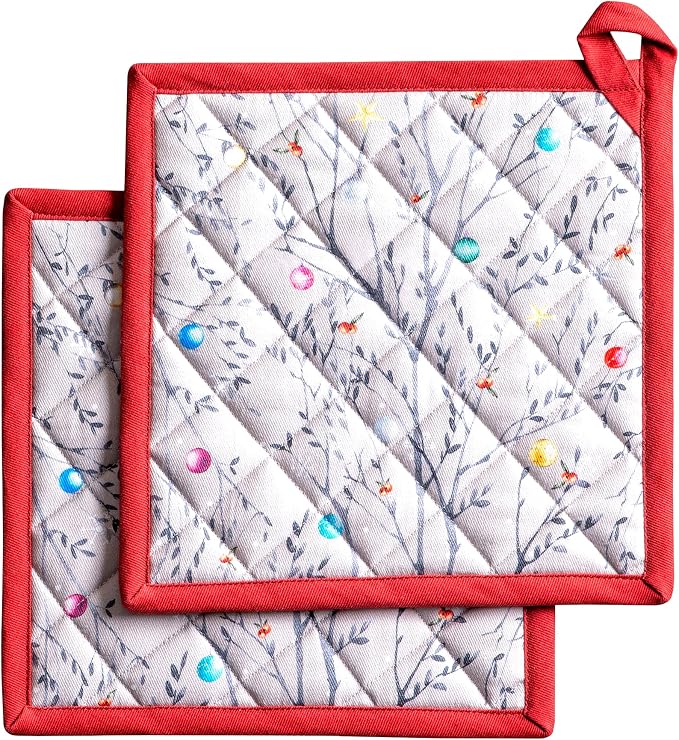 Maison d' Hermine Pot Holders 100% Cotton Potholders (8" x 8", Pack of 2) | Heat Resistant Hot Pads with Loop BBQ Cooking Baking Hotel Kitchen Handling Hot Pans Thanksgiving Christmas - Fairy Christmas