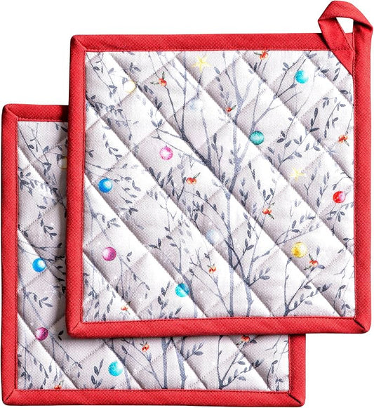 Maison d' Hermine Pot Holders 100% Cotton Potholders (8" x 8", Pack of 2) | Heat Resistant Hot Pads with Loop BBQ Cooking Baking Hotel Kitchen Handling Hot Pans Thanksgiving Christmas - Fairy Christmas