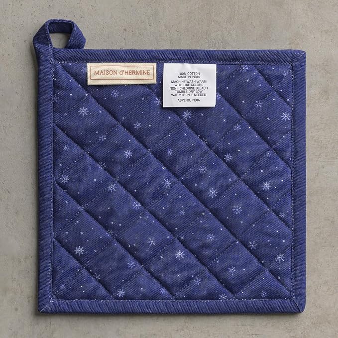 Maison d' Hermine Pot Holders 100% Cotton Potholders (8" x 8", Pack of 1) | Heat Resistant Hot Pads with Loop BBQ Cooking Kitchen Handling Hot Pans Thanksgiving Christmas - Christmas Market - Blue
