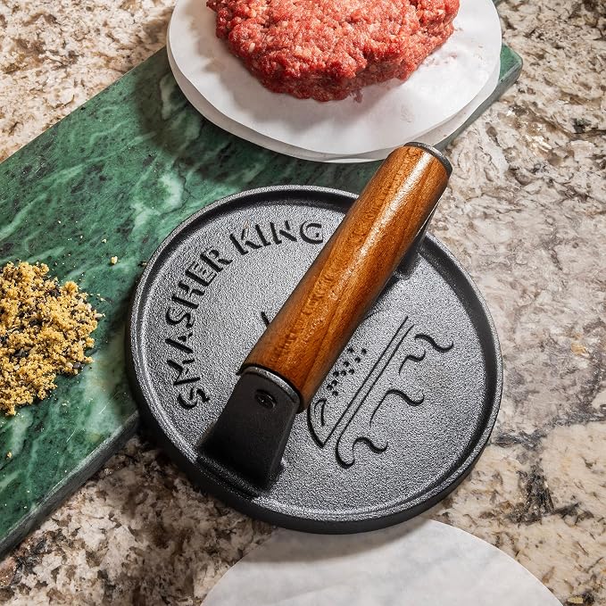 SMASHER KING™ - Smash Burger Press - Cast Iron Burger Smasher | Hamburger Patty Maker - Smash Burger Kit With 25 Sheets Of Paper - Grill Press And Steak Weight And Heavy Meat Smasher
