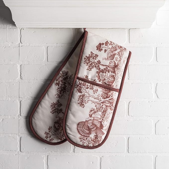 Maison d' Hermine Double Oven Mitts 100% Cotton Double Oven Glove (7"x35") | Heat Resistant BBQ Cooking Gloves with Loop Baking Kitchen Home Hotel Farmhouse Thanksgiving Christmas - Holy Jouy - Brown