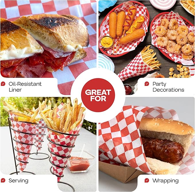 Red Checkered Deli Paper Sheets, 12" x 12" (50 pcs.) - USA-Made Premium Food Basket Liners - PFAS-free Grease Resistant Deli Paper Sheets for Food, Snack & Baking Wrap, Picnic & Party by IDL Packaging