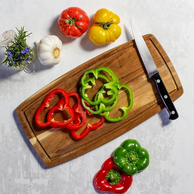 TB Home Acacia Wood Cutting Board with Juice Groove, Wooden Chopping Board for Kitchen, 14” x 7” x 5/8”