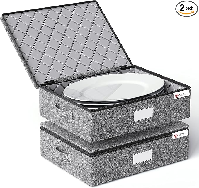 YearningHome China Storage Containers Hard Shell Box for Moving Dishes, Plate, Wine and Glasses, Dinnerware, Mugs, Saucers Quilted Organizer Dividers for Packing China Storage 2 Pack Platter Storage