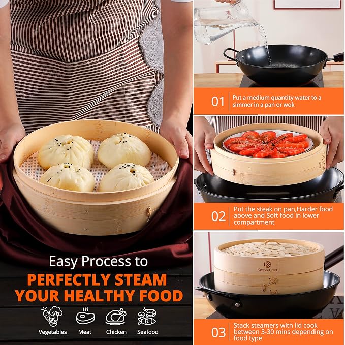 KITCHENCRUST Bamboo Steamer Basket for Chinese Asian Cuisine - 2 Tier 10-Inch Steaming Basket Bun Vegetable Bao Buns, Sauce Dish, Chopsticks, Reusable Liners