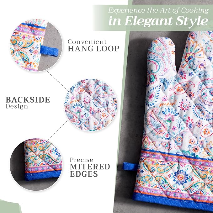Maison d'Hermine Oven Gloves 100% Cotton Oven Mitt (7" x 13", Pack of 1) | With Loop Heat Resistant BBQ Cooking Gloves Baking Grilling Kitchen Handling Hot Pans Spring Summer - Indian Floral