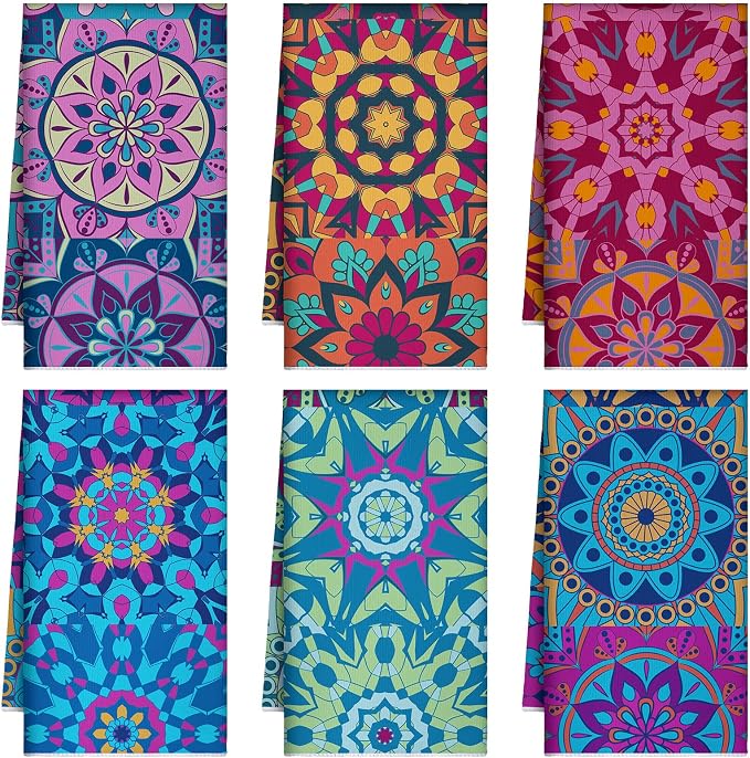 Boyiee Set of 6 Mandala Kitchen Towels Absorbent Boho Dish Towels 24 x 16 Inches Multicolor Hand Dishcloths Mandala Lover Gifts for Farmhouse Kitchen Bathroom Decorations