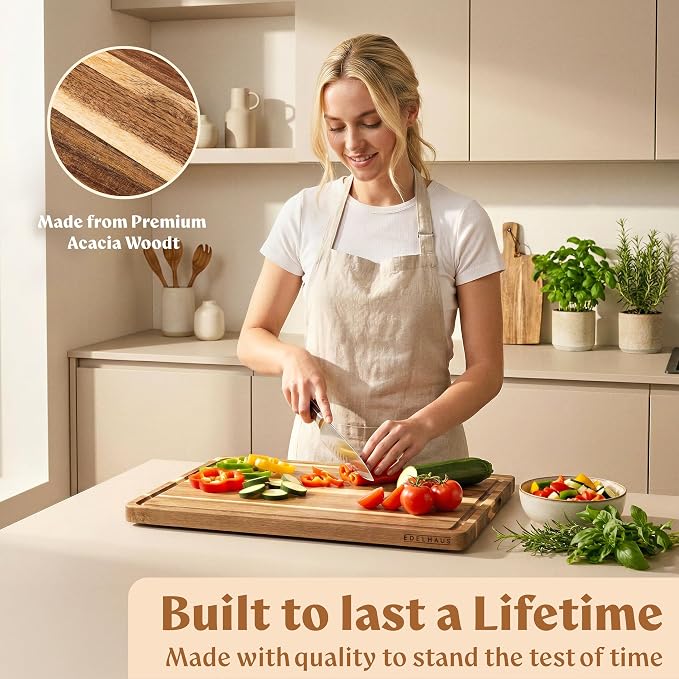 Extra Large Acacia Wood Cutting Board 17x13, Juice Groove | Non Toxic Wooden Chopping Boards, Knife Friendly, Large Kitchen Boards for Meat, Cheese, Charcuterie & Serving
