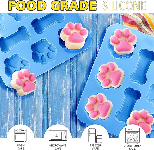 Anaeat 2 Pack Silicone Molds with Puppy Dog Paw and Bone Shaped 2 in 1, Reusable Non-Stick Ice Cube Trays & Flexible Candy Chocolate Molds for Homemade Dog Treats, Pudding & Baking Biscuit (Blue)
