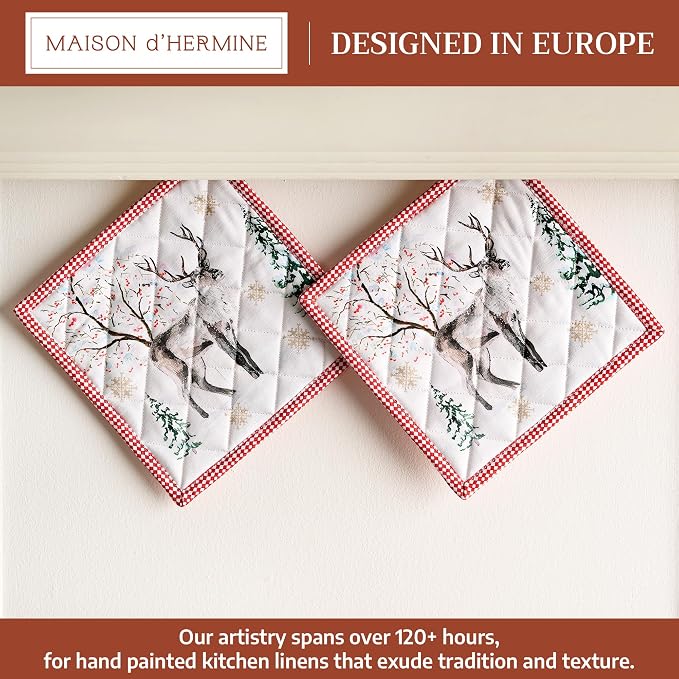 Maison d' Hermine Pot Holders 100% Cotton Potholders (8" x 8", Pack of 2) | Heat Resistant Hot Pads with Loop BBQ Cooking Baking Hotel Kitchen Handling Hot Pans Thanksgiving Christmas - Rural Christmas