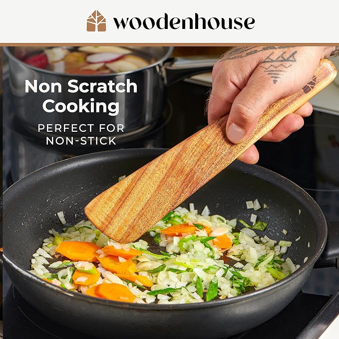 Wooden Spatula for Cooking, Teak Wood Set of 4 for Non Stick Frying Pan | Includes Paddle, Turner, Slotted Spurtle & Scraper – Long Ergonomic Handles, Scratch-Free Design