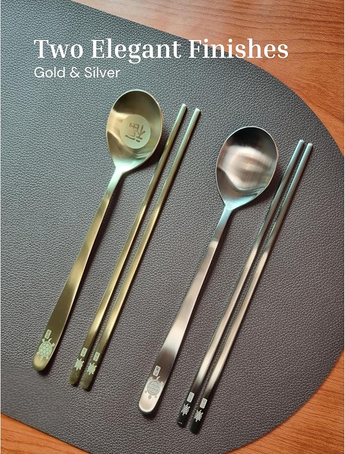 ONGI Korean Spoon and Chopsticks Set, Flat Korean Chopsticks, Premium 18/10 Stainless Steel, Turtle Symbol Design, Made in Korea, Dishwasher Safe, Meaningful Korean Gift (TT Gold 1 Set)