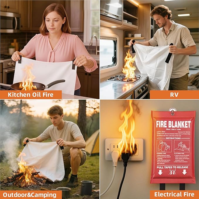 Fire Blanket 8 Pack - 40" x 40" Prepared Emergency Fire Blanket | For Home and Kitchen, RV, Grill, Fireplace, Safe & Easy for Young Adults and Elderly Living Alone | Fiberglass CE Certified