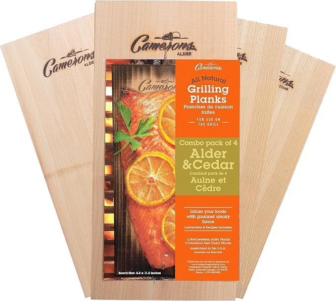 Camerons Cedar & Alder Grilling Planks - 4 Pack (5.5x11.5") - Premium Natural Wood - Easily Infuse Smoky Flavor into BBQ Salmon, Fish, Pork, Veggies, and More - Sourced in the USA - Grilling Gift Idea