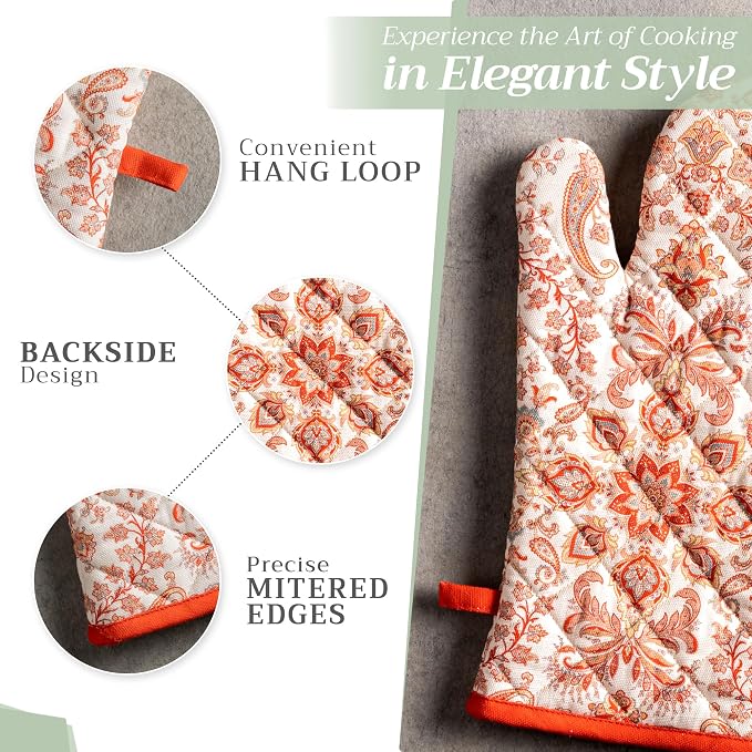 Maison d' Hermine 100% Cotton Oven Mitt & Pot Holder Set (7.5"x13" & 8"x8") | Heat Resistant BBQ Cooking Gloves with Loop Baking Grilling Kitchen Hotel Home Farmhouse Thanksgiving Christmas - Cachemire