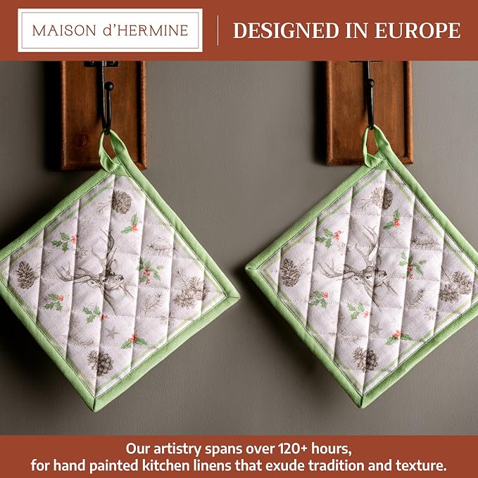 Maison d' Hermine Pot Holders 100% Cotton Potholders (8" x 8", Pack of 2) | Heat Resistant Hot Pads with Loop BBQ Cooking Baking Hotel Kitchen Handling Hot Pans Thanksgiving Christmas - Christmas Dew