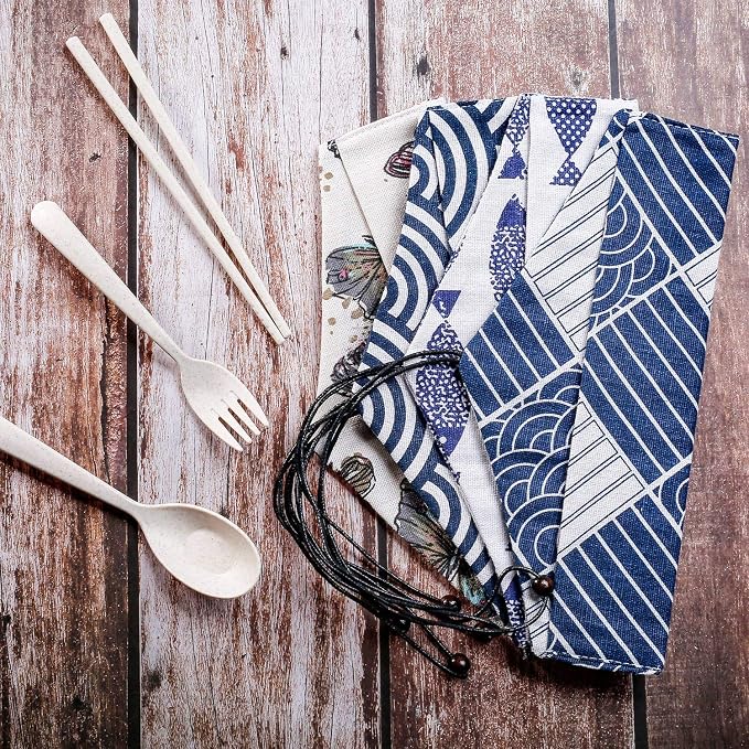 Tatuo 5 Pcs Reusable Chopstick Pouch Kit, Portable Utensil Travel Case Bag for Stainless Steel, Glass, Straw, Cleaning Brush, Safety ＆ Impact Resistance, Back to Gifts(Japanese,Navy Blue)