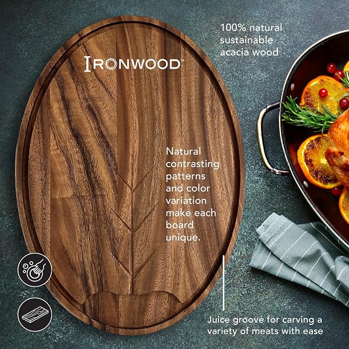 Ironwood Gourmet Osterbotten Oval Carving Board, 18" x 13" Acacia Wood Cutting Board with Juice Channel
