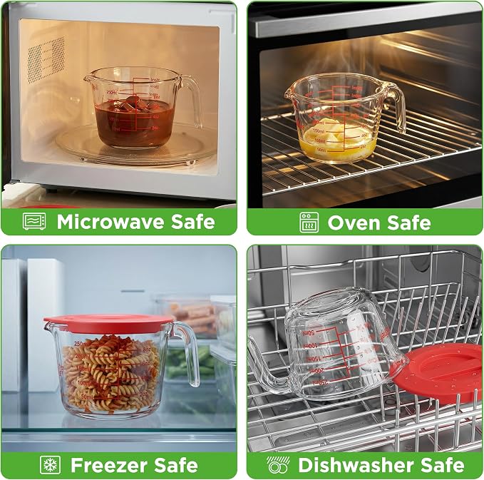 NutriChef 1 Cup Glass Measuring Cup with Lid (8 oz) - Heat-Resistant Borosilicate Liquid Measure Cup with Easy-Read Scale for Cooking, Baking and Food Storage, Dishwasher and Freezer Safe
