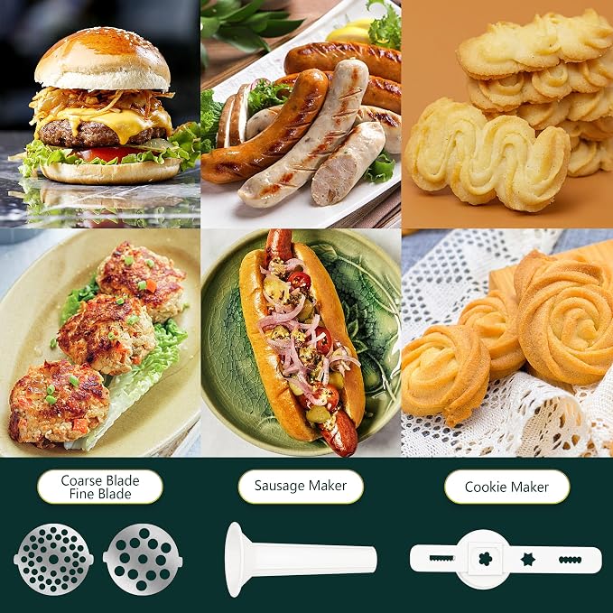 Manual Meat Grinder, Heavy Duty Meat Mincer Sausage Stuffer,Hand Grinder with Stainless Steel Blades for Meat, Sausage, Cookies,Green(3 in 1, with table clamp)