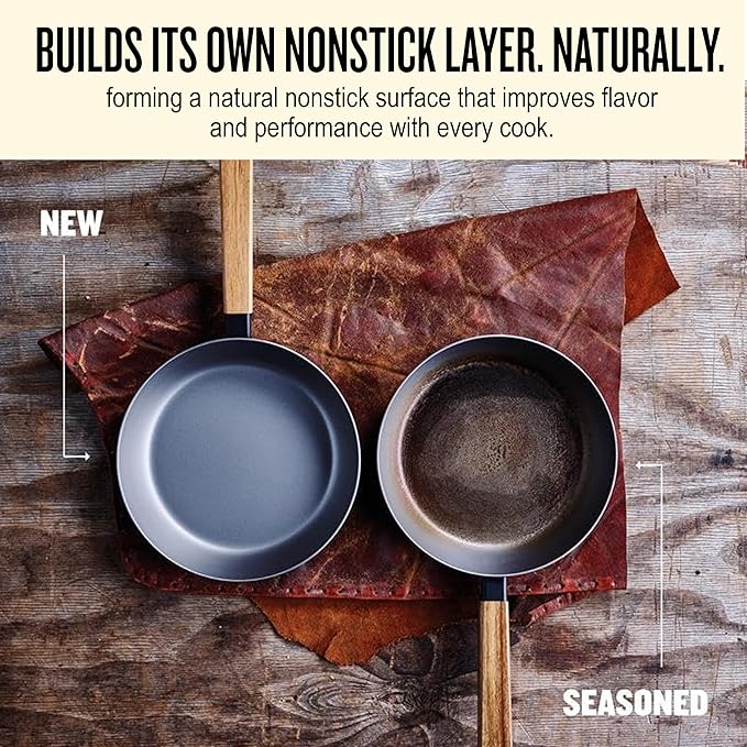 Alva Forest 8" & 11" Carbon Steel Frying Pan Set – Naturally Nonstick, Pre-Seasoned, with Acacia Wood Handle, Made Without PTFE, PFOA, PFAS – Sustainable Belgian Design, Induction & All-Stovetop Safe