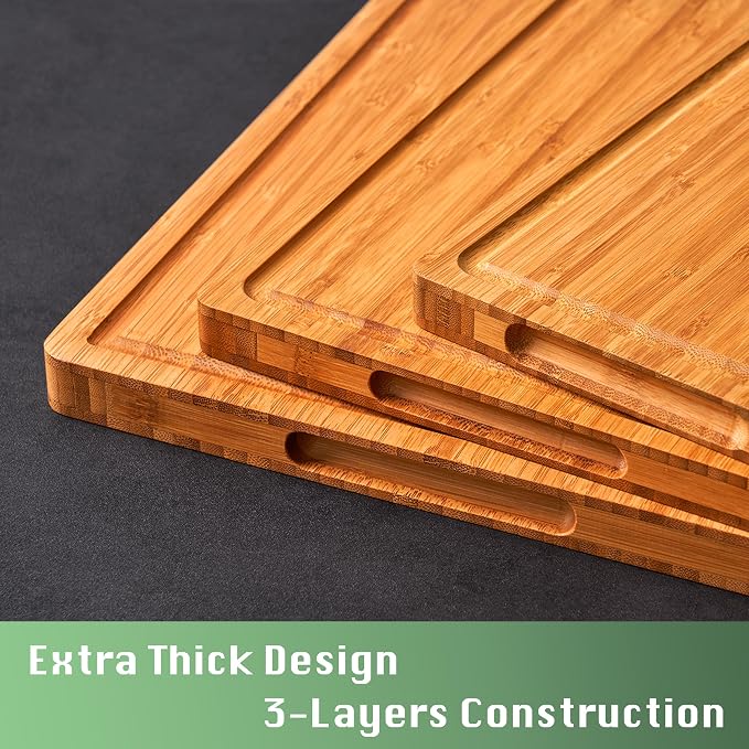 Allsum Extra Thick Wood Cutting Board for Kitchen, Reversible and Durable | 1” thick carbonized bamboo butcher block - resists warping - with handles, juice groove - charcuterie board for party
