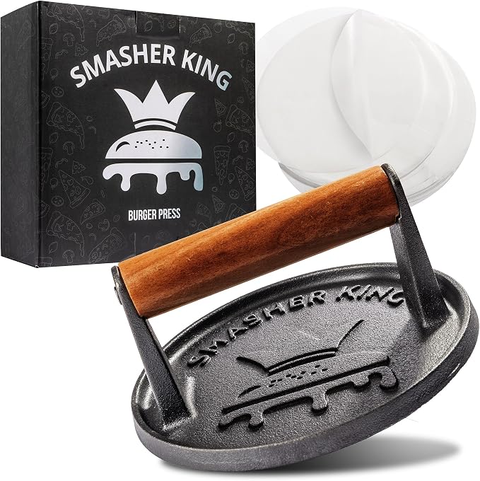 SMASHER KING™ - Smash Burger Press - Cast Iron Burger Smasher | Hamburger Patty Maker - Smash Burger Kit With 25 Sheets Of Paper - Grill Press And Steak Weight And Heavy Meat Smasher