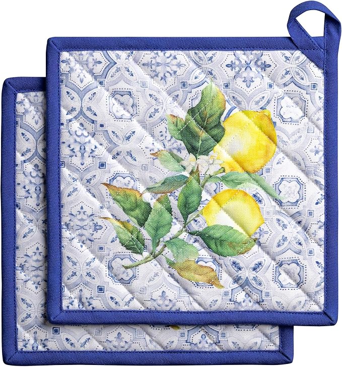 Maison d' Hermine Pot Holders 100% Cotton Potholders (8" x 8", Pack of 2) | Heat Resistant Hot Pads with Loop BBQ Cooking Baking Farmhouse Kitchen Handling Hot Pans Spring Summer - Citrus