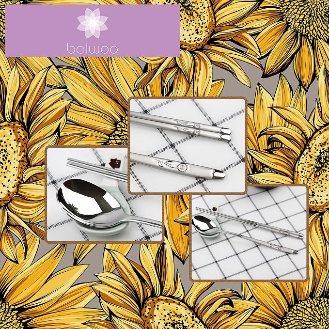 Chopsticks [Made in Korea][5 Sets] 430 Premium Stainless Steel Chopsticks, Mukbang Kitchen Utensil, Cutlery Silverware Stainless Tableware (Sunflower)
