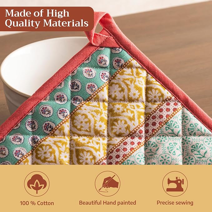Maison d' Hermine Pot Holders 100% Cotton Potholders (8" x 8", Pack of 1) | Heat Resistant Hot Pads with Loop BBQ Cooking Baking Farmhouse Kitchen Handling Hot Pans Spring Summer - Provence