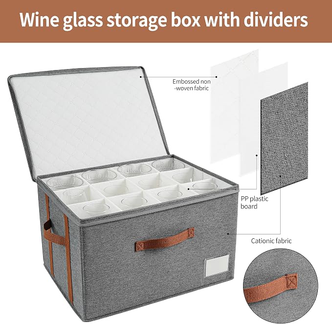Stemware Storage Cases,Wine Glass Storage Box,with Dividers,Holds 12 Red or White Wine Glasses, Durable Glassware Storage Containers for Crystal or Stemware (Grey red, 2 Stemware storage cases)