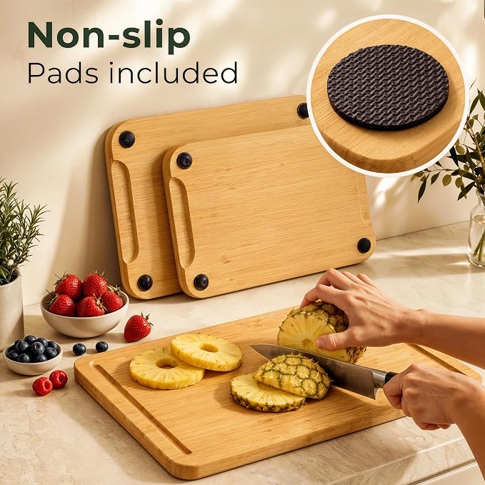 Bamboo Cutting Boards for Kitchen Set of 3, Deep Juice Grooves & Handles | Thick and durable in three sizes, 15" 12" 9"; large surface, easy to wash; great for meat, veggies and fruit