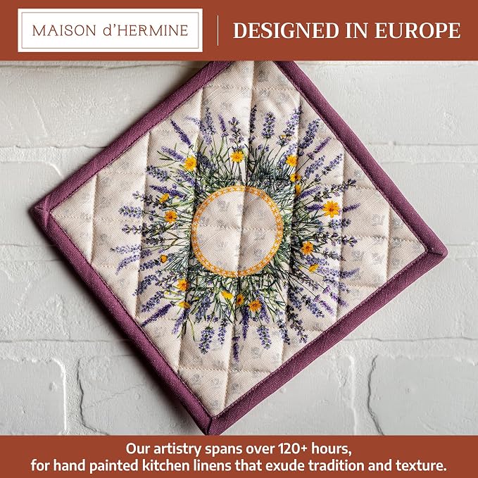 Maison d' Hermine Pot Holders 100% Cotton Potholders (8" x 8", Pack of 1) | Heat Resistant Hot Pads with Loop BBQ Cooking Baking Farmhouse Kitchen Handling Hot Pans Spring Summer - Fanny Lavender