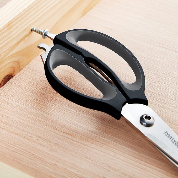 Farberware 4-in-1 Kitchen Shears with Sheath, High-Carbon Stainless Steel Scissors with Bottle Opener, Jar Opener and Screwdriver, Grey and Black Ergonomic Handle
