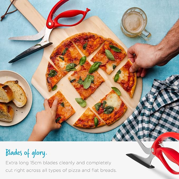Dreamfarm Scizza 2-In-1 Easy Ergonomic Pizza Scissors with Stainless Steel Pizza Cutter Blades & Non-Stick Slice Server - Red | Cuts and serves pizza with non-scratch, heat resistant serving base, spring-loaded German stainless steel blades