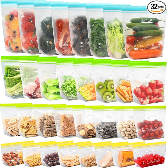 SPLF 32 Pack Reusable Food Storage Bags Dishwasher Microwave Safe | Reusable Freezer Bags, Silicone Free Containers for Meal Prep, Fridge Kitchen - 8 Gallon 8 Half Gallon 8 Sandwich 8 Snack