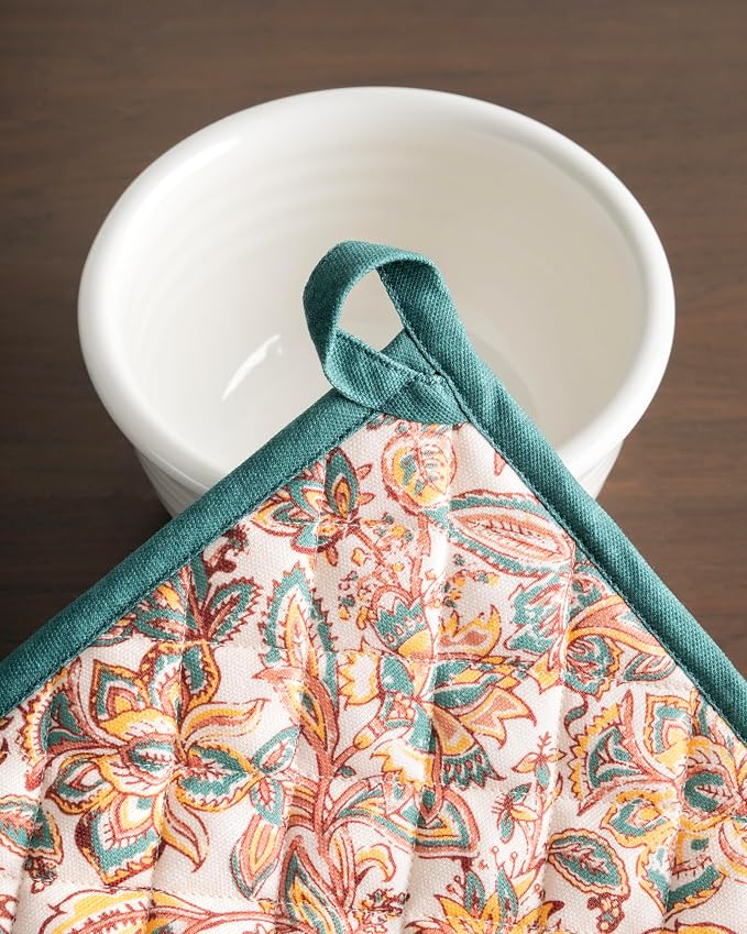 Maison d' Hermine Pot Holders 100% Cotton Potholders (8" x 8", Pack of 1) | Heat Resistant Hot Pads with Loop BBQ Cooking Baking Hotel Kitchen Handling Hot Pans Thanksgiving Christmas - Nila