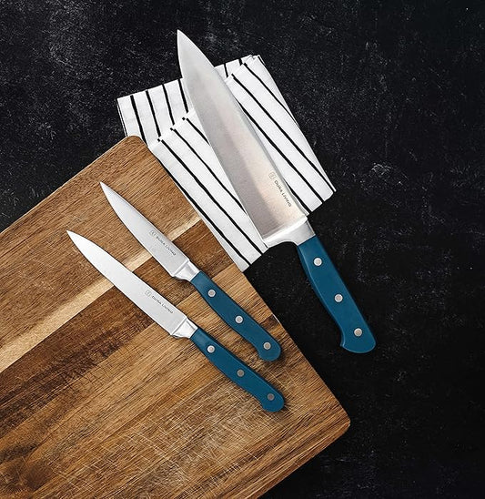 DURA LIVING Chef's Knife Set, 4 Piece Cutlery Knife Set, Superior Forged High Carbon Stainless Steel Ultra Sharp 8 Inch Chef, 7 Inch Santoku, 5 Inch Utility, 3.5 Inch Paring Knives, Royal Blue