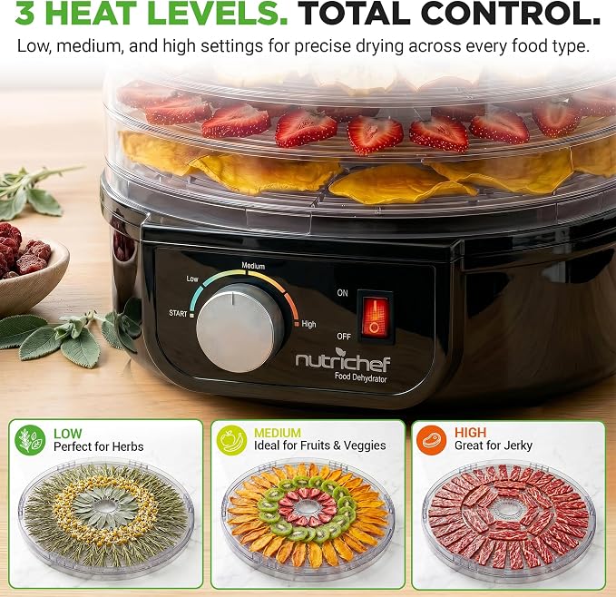 NutriChef Food Dehydrator Machine - Professional Electric Multi-Tier Food Preserver, Meat or Beef Jerky Maker, Fruit & Vegetable Dryer with 5 Stackable Trays