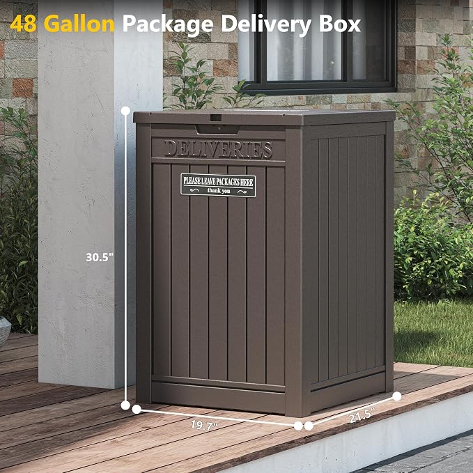 Package Delivery Box for Outside with Sticker, 48 Gallon Storage with Lockable Secure, Large Double Wall Resin Outdoor Package Delivery Waterproof Deck