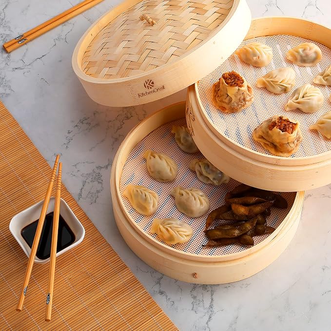 KITCHENCRUST Bamboo Steamer Basket for Chinese Asian Cuisine - 2 Tier 10-Inch Steaming Basket Bun Vegetable Bao Buns, Sauce Dish, Chopsticks, Reusable Liners
