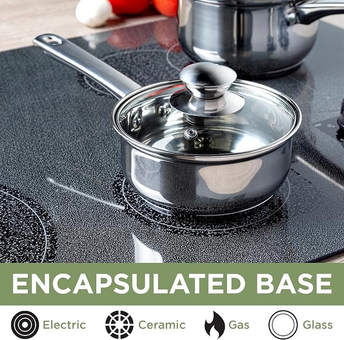 Ecolution Stainless Steel Sauce Pan, Encapsulated Induction Ready Cooking Pot with Glass Lid, Oven Safe, Dishwasher Safe Soup Pot, 1-Quart