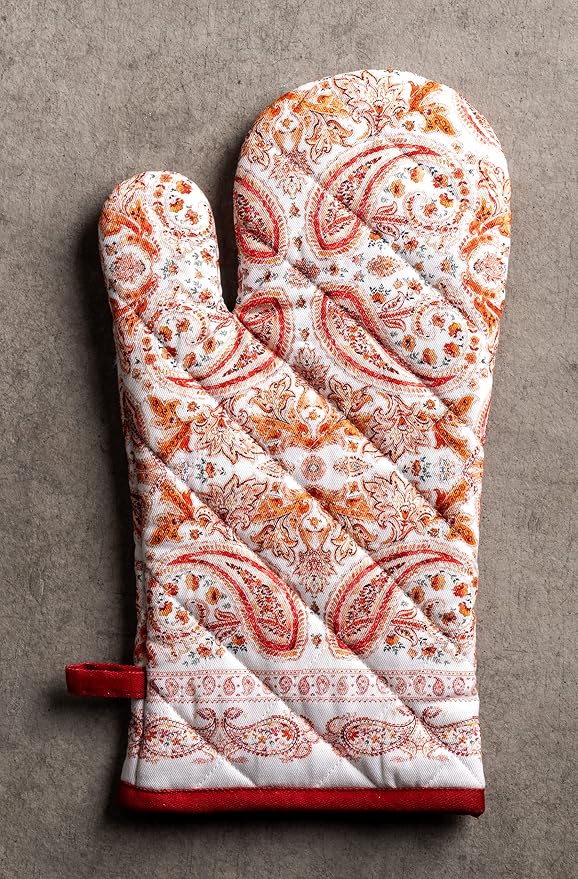 Maison d' Hermine 100% Cotton Oven Mitt & Pot Holder Set (7.5"x13" & 8"x8") | Heat Resistant BBQ Cooking Gloves with Loop Baking Grilling Kitchen Hotel Home Farmhouse Thanksgiving Christmas - Orient