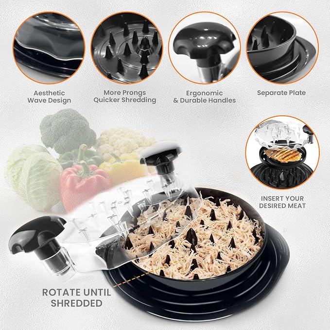 Chicken Shredder Tool Twist, Large Manual Meat Grinder Machine for Chicken & Beef, Strong Anti-Slip Base, Ergonomic Handle, BPA Free, Dishwasher-Safe (Black)