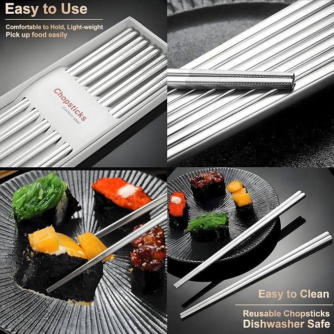 5 Pairs Metal Chopsticks Reusable 316 Stainless Steel Chopsticks Cute Laser Engraved Non-slip Japanese Korean Chinese Chopstick for Cooking Eating Dishwasher Safe 9.5" Chop Sticks Gift Set