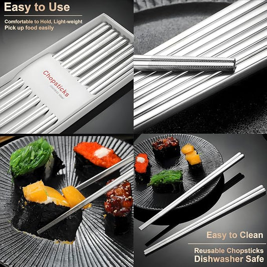 5 Pairs Metal Chopsticks Reusable 316 Stainless Steel Chopsticks Cute Laser Engraved Non-slip Japanese Korean Chinese Chopstick for Cooking Eating Dishwasher Safe 9.5" Chop Sticks Gift Set